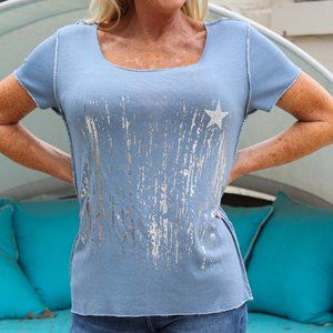 NWT Look Mode Silver Waterfall and Star T-Shirt In Blue